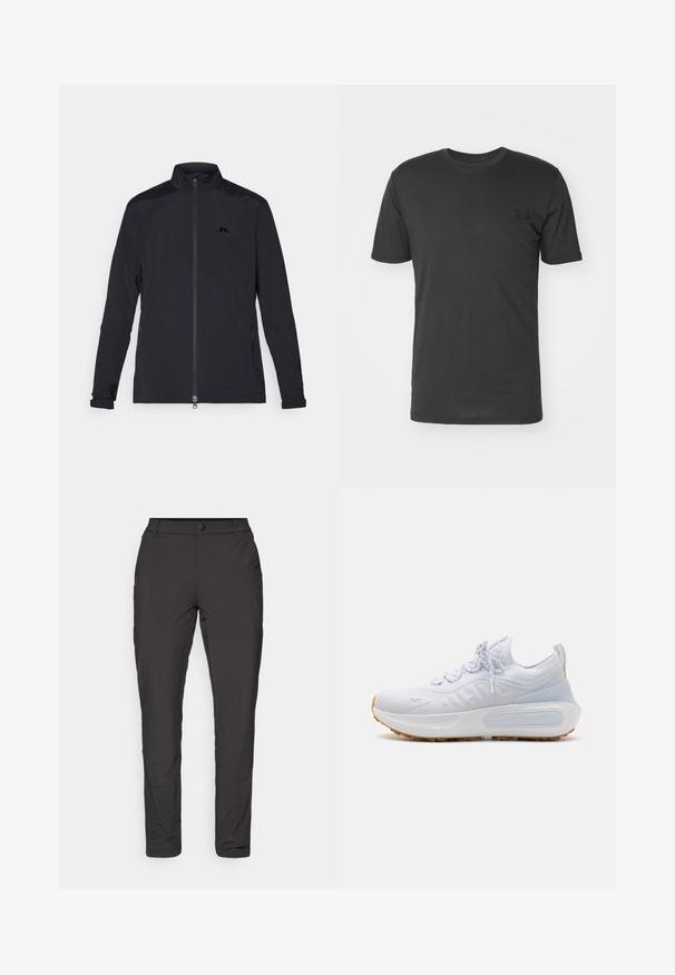 Black lightweight jacket with full front zipper, high collar, long sleeves, side zip pockets, and small logo on the chest.; Black short-sleeve t-shirt made of cotton, featuring a round neckline and a small black logo on the left chest area.; Black, lightweight trousers with a slim fit, featuring a smooth texture, button closure, and subtle grid pattern.; White running shoe with a breathable mesh upper, padded collar, and rubber outsole. Features a textured design and HOVR cushioning technology.