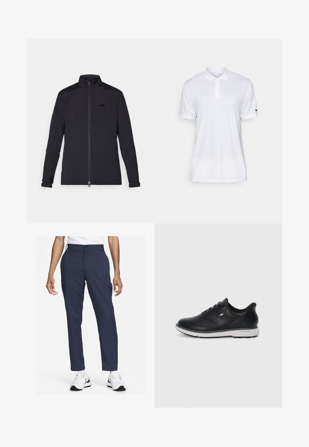 Fekete, könnyű dzseki teljes tépőzárral, magas gallérral, hosszú ujjakkal, oldalsó cipzáras zsebekkel és kis logóval a mellkason.; Fehér, rövid ujjú pólóing szintetikus anyagból. Galléros kivitel és fekete Nike logó található a bal ujján.; Sima anyagból készült sötétkék nadrág, egyenes lábformával, elülső zsebbel és övhurkokkal, fehér sportcipővel párosítva.; Fekete bőr fűzős Skechers sportcipő fehér talppal, oldalsó logóval és texturált tapadással a talpon, sima világos háttér előtt.