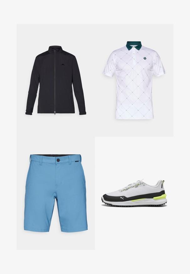 Zwarte lichte jas met volledige rits aan de voorkant, hoge kraag, lange mouwen, zijzakken met rits en klein logo op de borst.; Witte polo met een groene kraag, voorzien van een ruitpatroon in het blauw, met een knoopsluiting van drie knopen en een logo op de linkerborst.; Lichtblauwe shorts van textuurstof, met een knoopsluiting, riemlussen en zijzakken. Casual ontwerp, met een knielange snit.; Witte sportschoenen met een zwarte en neon groene zool, met een bovenwerk van mesh, een gestructureerd ontwerp en reflecterende accenten.