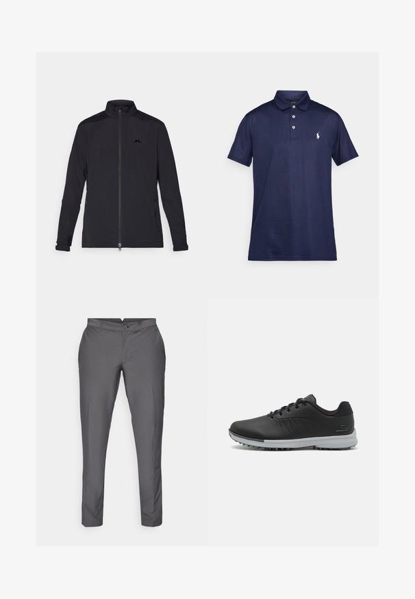 Černá lehká bunda s plným zipem vpředu, vysokým límcem, dlouhými rukávy, postranními zipovými kapsami a malým logem na hrudi.; Námorně modré polo tričko vyrobené z bavlny. Má klasický límeček, placket na tři knoflíky a malé bílé vyšívané logo na hrudi.; Šedé kalhoty vyrobené z hladké tkaniny. Mají štíhlý střih s plochým předním dílem, poutky na opasek a zapínání na knoflík. Klasický design.; Černé syntetické golfové boty s texturovaným svrškem, šněrovacím designem a šedou podrážkou se hroty pro trakci.