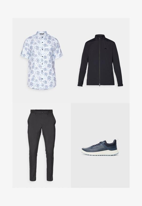 Chaqueta ligera negra con cremallera frontal completa, cuello alto, mangas largas, bolsillos laterales con cremallera y pequeño logo en el pecho.; Camisa de manga corta en tela azul claro con un patrón floral y circular, con cierre de botones en la parte delantera y cuello puntiagudo.; J.LINDEBERG Sports ELOF PANT - Pantalones - black; Zapatilla baja de color azul marino con parte superior de cuero perforado, suela blanca, cuello acolchado, cierre con cordones y suela texturizada para agarre.