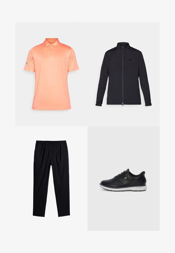 Svart lättviktsjacka med hel dragkedja fram, hög krage, långa ärmar, fickor med dragkedja på sidan och en liten logotyp på bröstet.; Kortärmad polo i solid korallfärg, med platt krage, treknapplås och subtil logotyp på vänster ärm.; Svarta byxor med elastisk midja, lös passform och slät textur. Har insvängda ben och inga synliga fickor eller dekorationer.; Svart läder snörad Skechers sneakers med vit sula, sidologotyp och texturerat grepp på sulan mot en enkel ljus bakgrund.