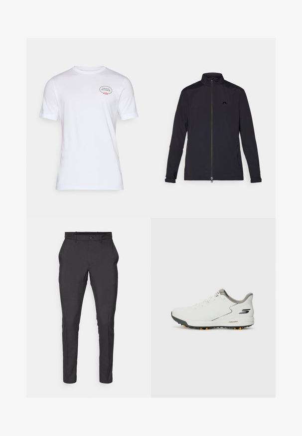 Czarna lekką kurtka zapinana na zamek błyskawiczny z przodu, z wysokim kołnierzem, długimi rękawami, bocznymi kieszeniami na zamek i małym logo na klatce piersiowej.; Biała bawełniana koszulka z krótkimi rękawami, okrągłym dekoltem i logo z kwiatowymi akcentami na lewej stronie klatki piersiowej.; J.LINDEBERG Sports ELOF czarny; Białe buty sportowe z gładką cholewką, szarymi akcentami i teksturowaną czarną podeszwą z pomarańczowymi kolcami. Lekka konstrukcja skoncentrowana na komforcie.