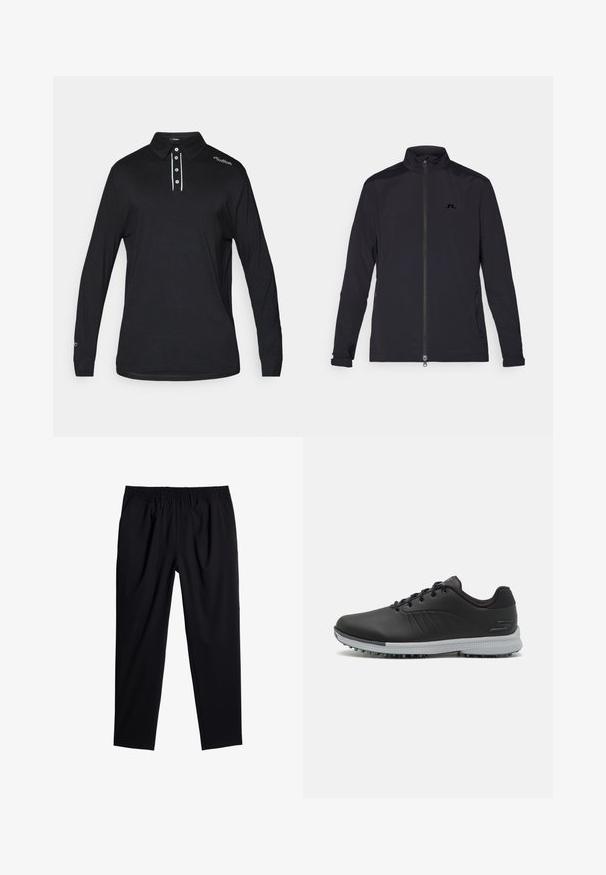 Sort letvægtsjakke med fuld frontlynlås, høj krave, lange ærmer, sidelommer med lynlås og lille logo på brystet.; Langærmet sort polo shirt lavet af glat stof, med krave, tre-knaps placket og hvide detaljer på placket og skuldrene.; Sorte bukser med elastisk talje, løs pasform og glat tekstur. Har tapered ben og ingen synlige lommer eller dekorationer.; Sorte syntetiske golfsko med en struktureret overdel, snørebåndsdesign og en grå ydersål med pigge for godt greb.