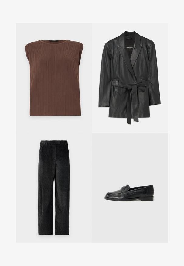 Čierny kožený blejzer s lodičkovým golierom, opaskom v páse a strihom na mieru. Hladká textúra a minimalisticý dizajn. Vhodný na vrstvenie.; Hnedý rebrovaný top bez rukávov s okrúhlym výstrihom. Mäkká textúra, rovný strih a subtílne vertikálne línie zdôrazňujúce dizajn látky.; Čierne, textúrované nohavice s širokými nohavicami a výrazným tkaním, s prednými skladmi a plochým pásom. Klasický dizajn pre všestrannosť.; Čierne kožené mokasíny so hladkým povrchom, s embosovaným lineárnym vzorom a dekoratívnou prackou na priehlavku. Nízky blokový podpätok.