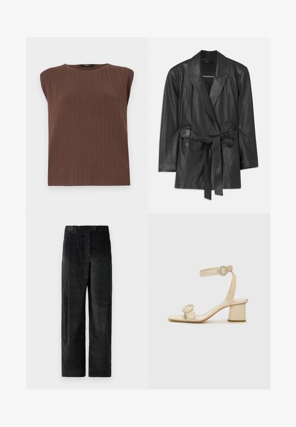 Juodas odinis švarkas su iškirptu apykakle, diržu ant liemens ir pritaikytu įdėjimu. Lygus paviršius ir minimalizmo dizainas. Tinkamas sluoksniavimui.; Ruda raukšlėta liemenė be rankovių su apvalia iškirpte. Minkšta tekstūra, tiesios linijos ir subtilios vertikalios linijos, pabrėžiančios audinio dizainą.; Juodos, tekstūruotos plačios kelnės su išreikšta audimo struktūra, turinčios priekinę klostę ir plokščią juosmenį. Klasikinis dizainas, skirtas universalumui.; Šviesiai rudos spalvos aukštakulniai šlepetės minimalistiniu dizainu, su dviem apvaliais akcentais ir masyviu kulnu. Pagamintos iš lygaus odos.