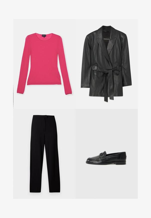 Fekete bőr blézer, kivágott gallérral, övvel a deréknál és testre szabott fazonnal. Simaság jellemzi, minimalista dizájnnal. Rétegezéshez ideális.; Hosszú ujjú felső élénk rózsaszínben, lekerekített nyakkivágással, bordázott textúrával és minimális varrásokkal, könnyű anyagból készítve.; Fekete, bő szárú nadrág puha, rugalmas anyagból. Simaság jellemzi a derékrészt, nincsenek látható varrások vagy zsebek. Egyszerű és sokoldalú dizájn.; Fekete bőr loafer cipők sima felsőrésszel, dombornyomott vonalmintával és dekoratív csat részlettel a cipő orrán. Alacsony, tömb alakú sarok.