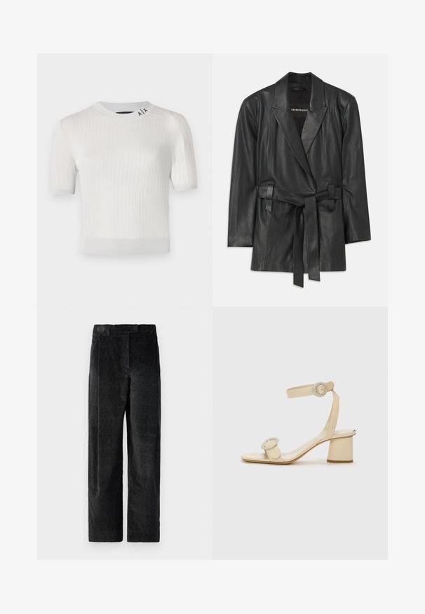 Must mustriga musta nahkjope, millel on narmastega krae, vööga talje ja kohandatud istuvus. Õrn tekstuur ja minimalistik disain. Sobib kihilise riietuse jaoks.; Valge lühikeste varrukatega ribatud kampsun ümmarguse kaelusega, millel on logo detail kaela lähedal ning sile, kergelt särav tekstuur.; Mustad, tekstureeritud laiad püksid mustas värvuses, millel on väljendunud kudumine, eessuud ja lame vöökoht. Klassislik disain mitmekesiseks kasutamiseks.; Beeži kõrge kontsaga sandaalid minimalistliku disainiga, millel on kaks ümmargust aksessuaari ja paks konts. Valmistatud siledast nahast.