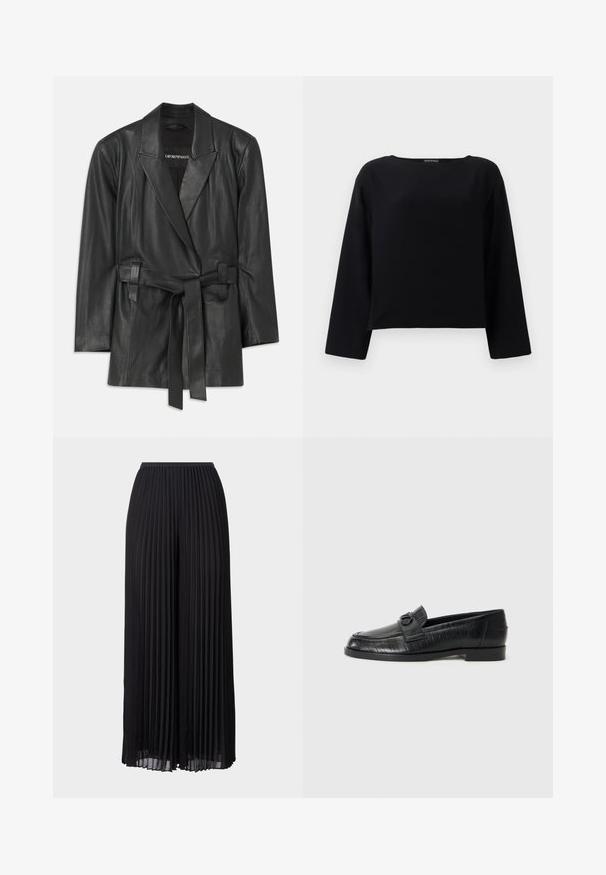 Fekete bőr blézer, kivágott gallérral, övvel a deréknál és testre szabott fazonnal. Simaság jellemzi, minimalista dizájnnal. Rétegezéshez ideális.; Fekete, hosszú ujjas felső, lekerekített nyakkivágással, sima anyagból készült. A dizájn cropped, egyenes szabású aljjal rendelkezik. Minimalista stílus.; Fekete, plisszírozott, széles lábú nadrág, rugalmas derékrésszel. Könnyű anyagból készült, függőleges redőzéssel az egész felületen.; Fekete bőr loafer cipők sima felsőrésszel, dombornyomott vonalmintával és dekoratív csat részlettel a cipő orrán. Alacsony, tömb alakú sarok.