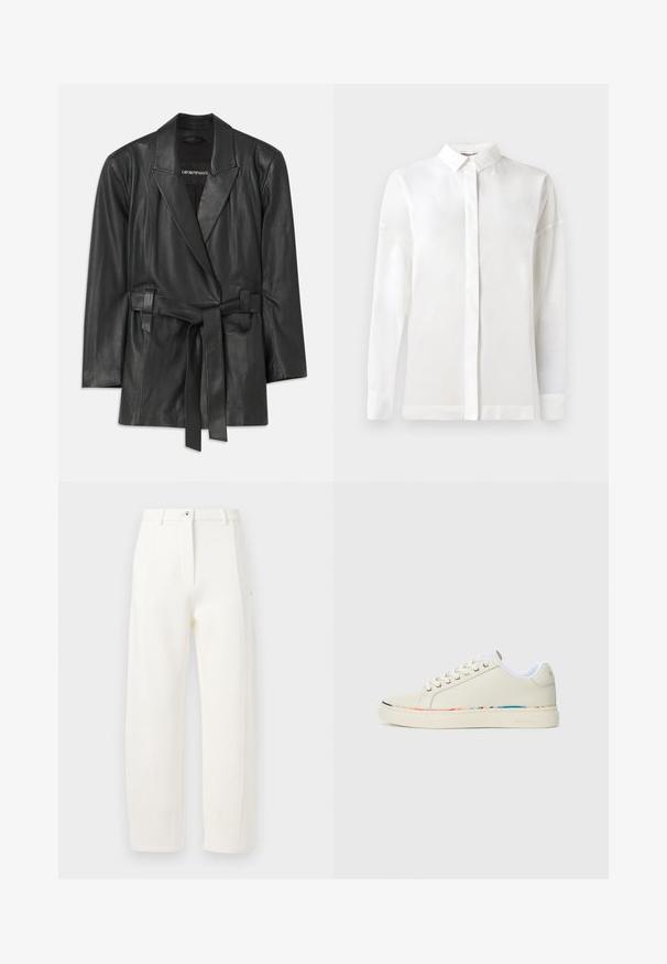 Must mustriga musta nahkjope, millel on narmastega krae, vööga talje ja kohandatud istuvus. Õrn tekstuur ja minimalistik disain. Sobib kihilise riietuse jaoks.; Valge pika varrukaga särk nupulisoe kraega, sileda tekstuuri, sirge lõike ja peidetud nööpide rida. Pehme, kerge kangas ilma mustriteta.; Valged kohandatud püksid sirge lõikega, ees olevate voldidega, lukuga ja nööbiga kinnitamine ning küljetaskud. Sile kangas matta viimistlusega.; Kreem valged madalad tossud, millel on nööridega disain, valge sisevooder ja peen multivärviline äär sole ääres, külgvaade.