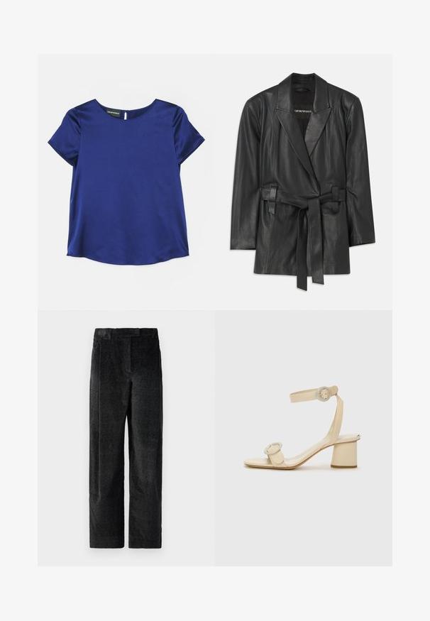 Juodas odinis švarkas su iškirptu apykakle, diržu ant liemens ir pritaikytu įdėjimu. Lygus paviršius ir minimalizmo dizainas. Tinkamas sluoksniavimui.; Emporio Armani Palaidinė - indigo; Juodos, tekstūruotos plačios kelnės su išreikšta audimo struktūra, turinčios priekinę klostę ir plokščią juosmenį. Klasikinis dizainas, skirtas universalumui.; Šviesiai rudos spalvos aukštakulniai šlepetės minimalistiniu dizainu, su dviem apvaliais akcentais ir masyviu kulnu. Pagamintos iš lygaus odos.