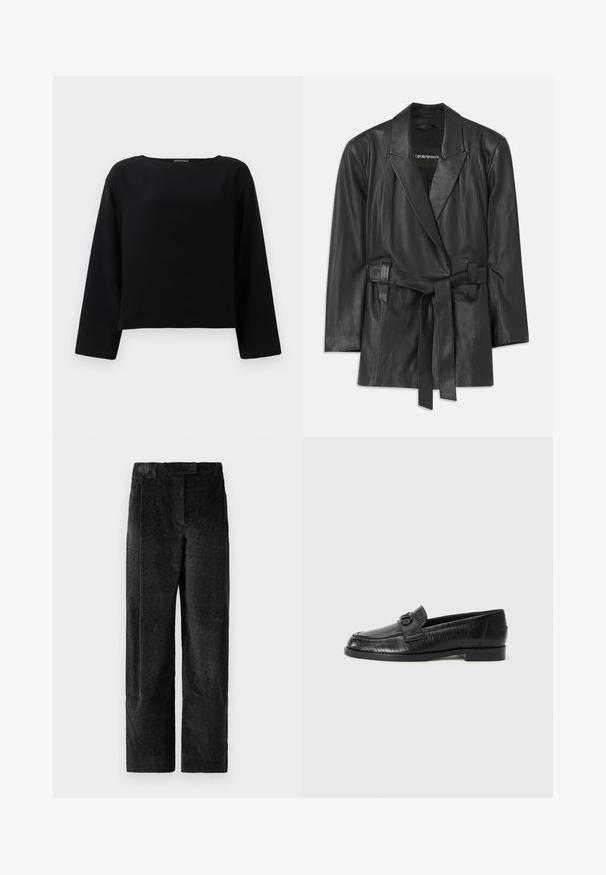 Černé kožené sako s klopovým límcem, páskem v pase a přiléhavým střihem. Hladký povrch a minimalistický design. Vhodné na vrstvení.; Černý dlouhý rukáv top s kulatým výstřihem, vyrobený z hladké tkaniny. Design je zkrácený se rovný střih na lemu. Minimalistický styl.; Černé široké kalhoty s texturou a výraznou tkaninou, s předními záhyby a plochým pasem. Klasický design pro všestrannost.; Černé kožené mokasíny s hladkým svrškem, s embosovaným liniovým vzorem a dekorativní přeskou na nártu. Nízký blokový podpatek.
