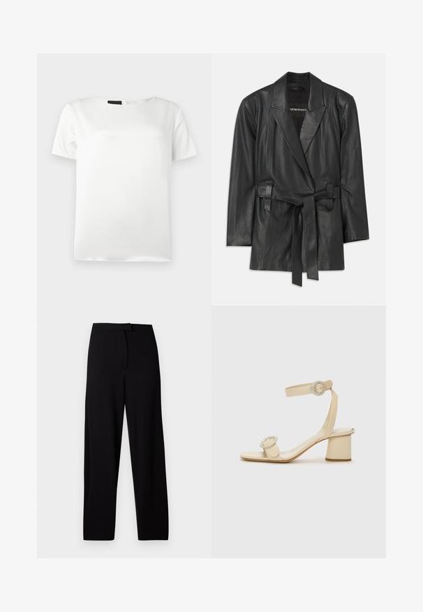 Juodas odinis švarkas su iškirptu apykakle, diržu ant liemens ir pritaikytu įdėjimu. Lygus paviršius ir minimalizmo dizainas. Tinkamas sluoksniavimui.; Balta trumpomis rankovėmis bluzelė su apvaliu iškirpimu ir lygiu, satino efektu. Nugaros uždarymo detalė su švelniu blizgesiu.; Juodos plačios kelnės, pagamintos iš minkštos, tamprios medžiagos. Turi lygią juosmenį ir nematomas siūles bei kišenes. Paprastas ir universalus dizainas.; Šviesiai rudos spalvos aukštakulniai šlepetės minimalistiniu dizainu, su dviem apvaliais akcentais ir masyviu kulnu. Pagamintos iš lygaus odos.