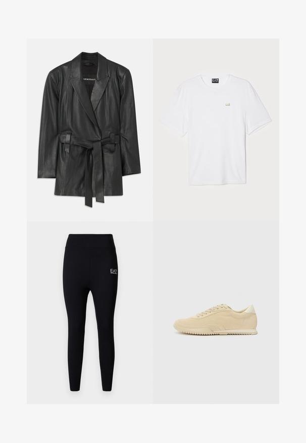 Juodas odinis švarkas su iškirptu apykakle, diržu ant liemens ir pritaikytu įdėjimu. Lygus paviršius ir minimalizmo dizainas. Tinkamas sluoksniavimui.; Balta medvilnė marškinėliai su trumpomis rankovėmis, apvaliu kaklu, su mažu auksiniu EA7 logotipu kairėje krūtinės pusėje.; Juodos tampraus audinio tamprės su aukštu juosmeniu, šone yra mažas baltas EA7 logotipas. Lygus paviršius, prigludęs dizainas.; Bežiniai zomšiniai sportbačiai su raištelių užsegimu, tekstūruota viršutinė dalis, kontrastingas gumos padas ir nedidelis kulnas. Minimalistinis stilius su subtiliu prekės ženklo ženklinimu.