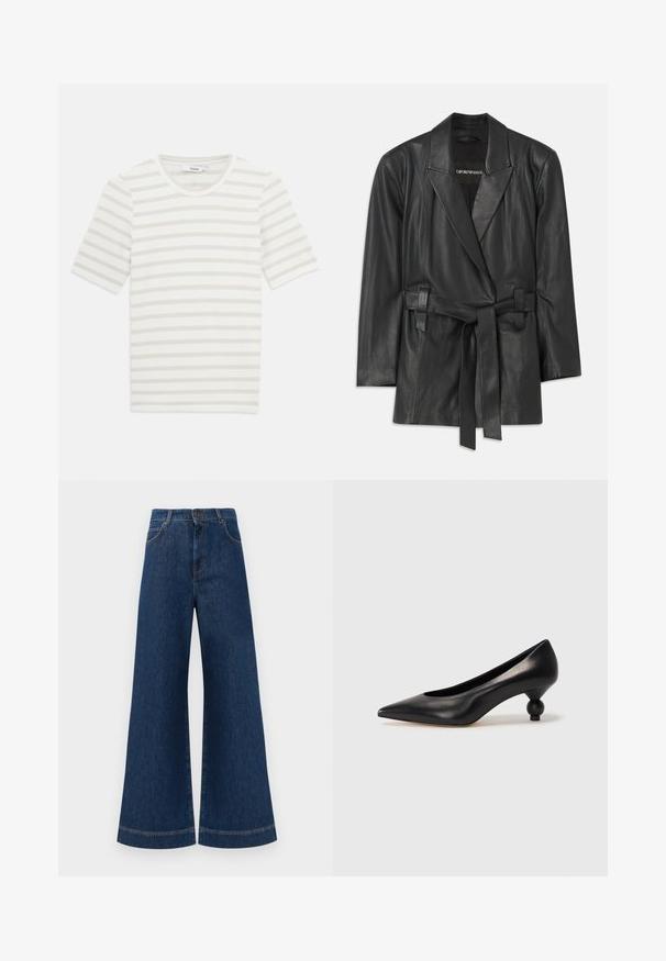 Juodas odinis švarkas su iškirptu apykakle, diržu ant liemens ir pritaikytu įdėjimu. Lygus paviršius ir minimalizmo dizainas. Tinkamas sluoksniavimui.; Dryžuota trumpa rankovė marškinėliai, pagaminti iš lengvo medvilnės mišinio, su šviesiai pilkomis ir kreminėmis dryžiais, apvalia iškirpte ir minkšta tekstūra.; Plati mėlynos džinsinės kelnės su aukštu liemeniu, turinčios mygtukų užsegimą, diržo kilpas ir subtilius siuvinėjimo akcentus ant kišenių bei apdailos.; Juoda odinė aukštakulnė bateliai su smailiu pirštu ir apvaliu, iškiliu kulnu. Lygus paviršius su elegantišku, minimalistiniu dizainu.