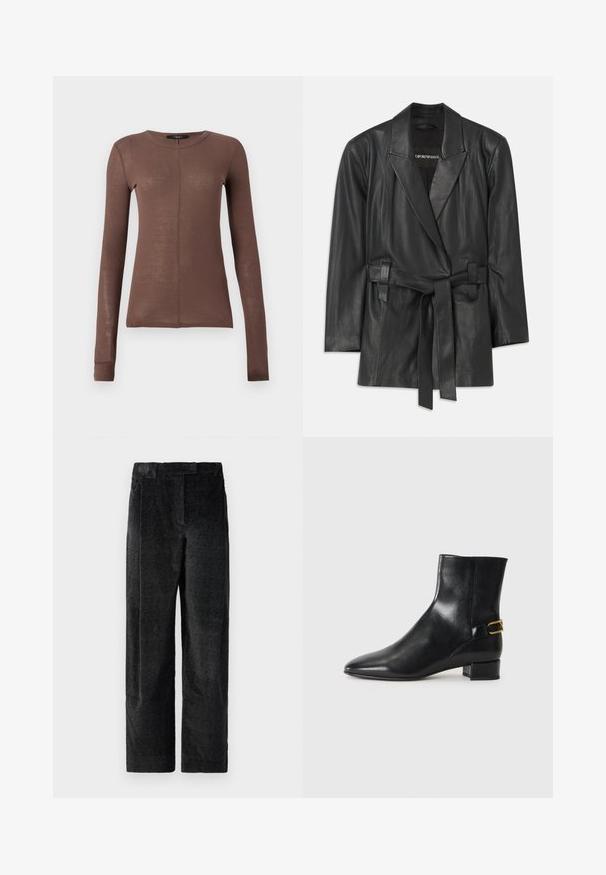 Melna ādas žakete ar iegrieztiem apkakles malām, josta viduklī un pielāgota silueta. Gluda tekstūra un minimālisks dizains. Piemērota slāņošanai.; Brūns garām piedurknēm tops izgatavots no viegla, gluda auduma. Iespējo apaļu kakla izgriezumu un smalku priekšējo šuvju detaļu.; Melnas, teksturētas platajās bikses ar izteiktu audumu, kas ietver priekšējos krokas un plakanu jostasvietu. Klasisks dizains daudzpusībai.; Melna ādas potītes zābaks ar ass purngalu, kvadrātveida papēdi un dekoratīvu zelta sprādzi aizmugurē. Gluda tekstūra, minimālisma dizains.