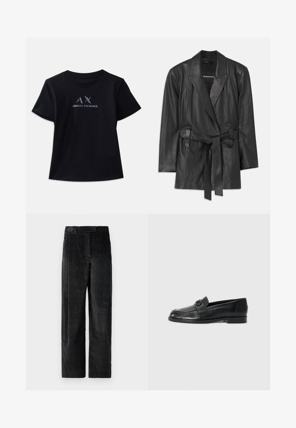 Sorte læderblazer med klippet krave, bælte i livet og skræddersyet pasform. Glat tekstur og minimalistisk design. Velegnet til lagdeling.; Sort kortærmet t-shirt med rund hals. Har "AX" logo og "ARMANI EXCHANGE" tekst i kontrastfarver i hvid og metalliske nuancer. Blødt stof.; Sorte, strukturerede bredbenede bukser med en markant vævning, der har forfrits og en flad talje. Klassisk design for alsidighed.; Svarte læder loafers med en glat overflade, prægede linjemønstre og en dekorativ spænde accenter på vristen. Lav, blokhæle.