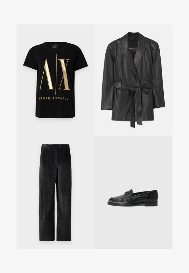 Black leather blazer with a notched collar, belted waist, and tailored fit. Smooth texture and minimalistic design. Suitable for layering.; Black cotton t-shirt featuring bold gold "A/X" logo and "ARMANI EXCHANGE" text, short sleeves, round neckline, smooth texture.; Black, textured wide-leg trousers with a pronounced weave, featuring front pleats and a flat waistband. Classic design for versatility.; Black leather loafers with a smooth upper, embossed linear pattern, and a decorative buckle accent on the vamp. Low, block heel.