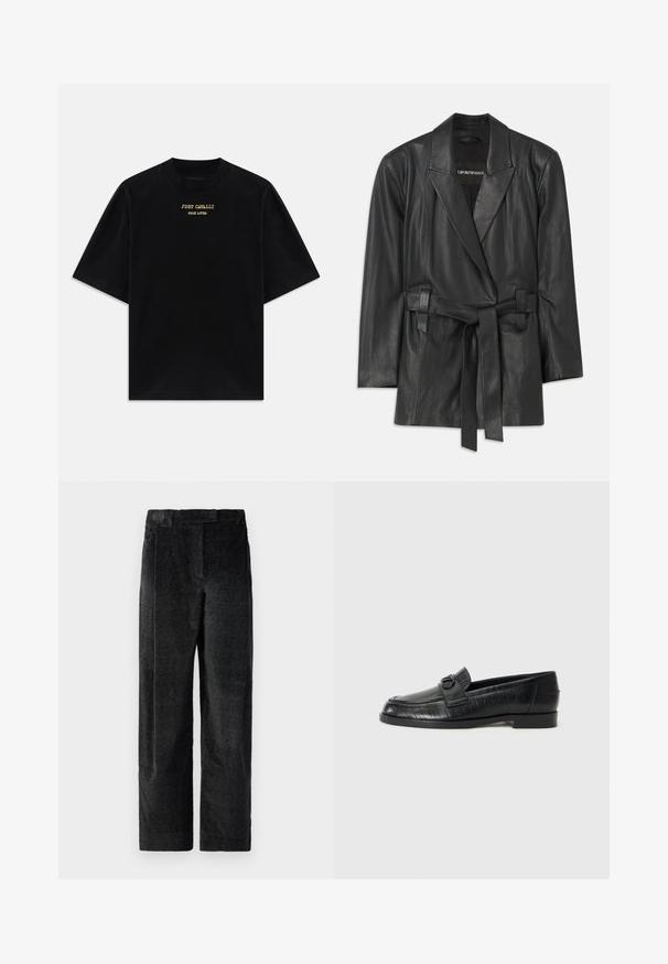 Czarna skórzana marynarka z wyciętym kołnierzem, przewiązywana w talii i o dopasowanym kroju. Gładka faktura i minimalistyczny design. Odpowiednia do warstwowego ubierania.; Czarna bawełniana koszulka z krótkim rękawem i okrągłym dekoltem, z złotym nadrukiem tekstu "JUST CAVALLI TRUE LOVER" z przodu.; Czarne, strukturalne spodnie z szerokimi nogawkami i wyraźnym splotem, z zaszewkami z przodu oraz płaskim pasem. Klasyczny design zapewniający wszechstronność.; Czarne skórzane loafersy z gładką cholewką, wytłaczanym wzorem liniowym oraz dekoracyjnym zapięciem w przedniej części. Niski, blokowy obcas.