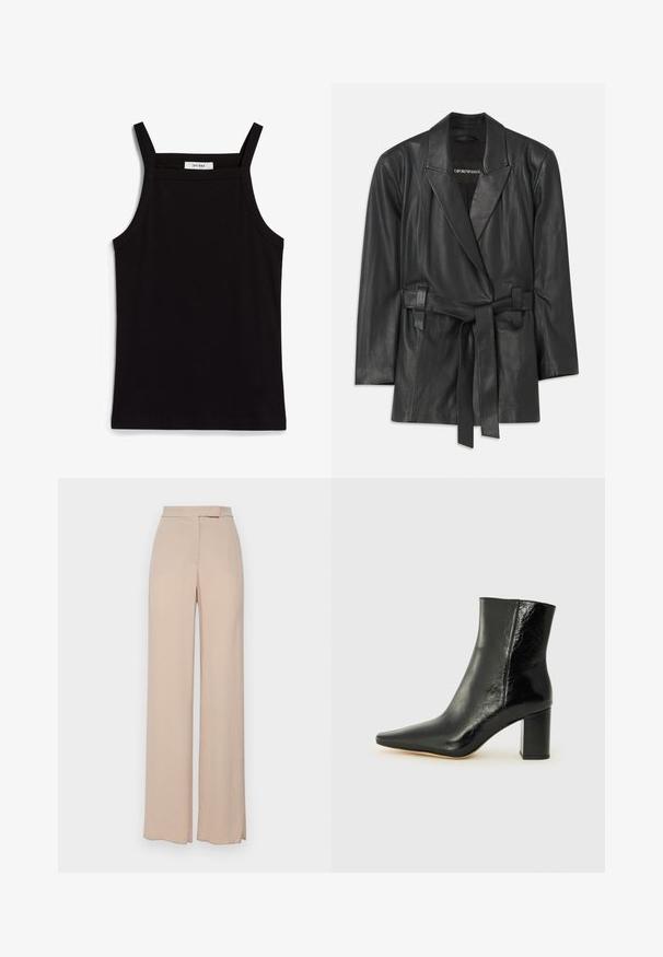 Črn usnjen blejzer z ovratnikom na zavihek, pasom in prilegajočim krojem. Gladka tekstura in minimalističen dizajn. Primeren za plastenje.; Črna majica brez rokavov z tankimi naramnicami, izdelana iz rebrastega materiala, z ravnim krojem in oznako na ovratniku z napisom "IVY OAK."; Bež široke hlače narejene iz lahkotnega materiala. Imajo gladko teksturo, sprednje žepke in subtilen dizajn pasu.; Črne gležnjarje iz sijoče usnje s koničastim nosom in masivnim kvadratnim peto. Imajo gladko teksturo in minimalističen dizajn.