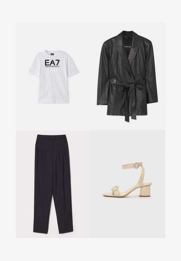 Melna ādas žakete ar iegrieztiem apkakles malām, josta viduklī un pielāgota silueta. Gluda tekstūra un minimālisks dizains. Piemērota slāņošanai.; Balts kokvilnas T-krekls ar melnu pērļotu logotipu "EA7 EMPORIO ARMANI" priekšpusē, īsām piedurknēm un apaļu kakla izgriezumu.; Tumši jūras zilās bikses, izgatavotas no mīksta auduma, ar krokām un taisni piegrieztu dizainu, standarta jostasvietu un sānu kabatām.; Bežīgi augstpapēžu sandales ar minimālistisku dizainu, kas izceļas ar divām apļu akcentiem un masīlu papēdi. Izgatavotas no gludas ādas.