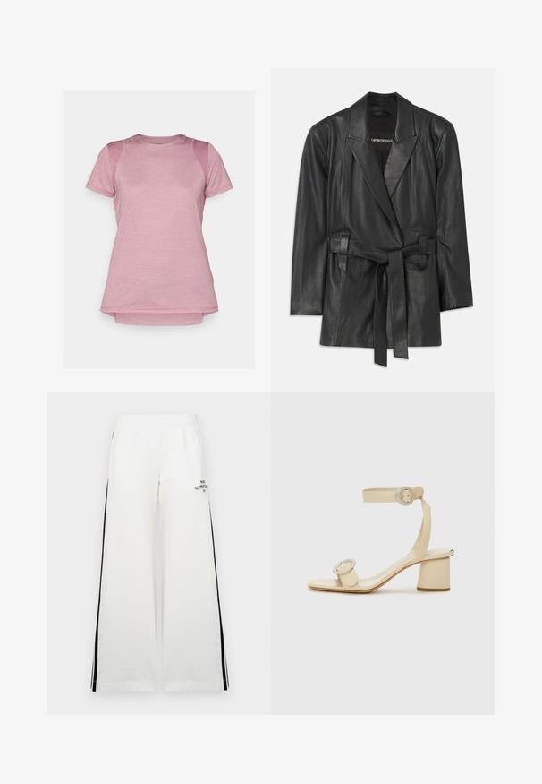 Crni kožni sako s izrezanim ovratnikom, remenom u struku i prilagođenim krojem. Glatka tekstura i minimalistički dizajn. Pogodan za slojevito nošenje.; Majica kratkih rukava za sport u svijetlo ružičastoj boji, s glatkom teksturom, mrežastim naglascima na ramenima i zaobljenim rubom.; Bijele široke hlače s elastičnim pojasom, s crnim bočnim trakama i ispisanim tekstom na lijevoj prednjoj strani. Glatka tekstura tkanine.; Bež sandale s potpeticom sa četvrtastim vrhom, prilagodljivim remenom oko članka i dva okrugla akcenta s kopčom. Glatka kožna tekstura i blok petica.