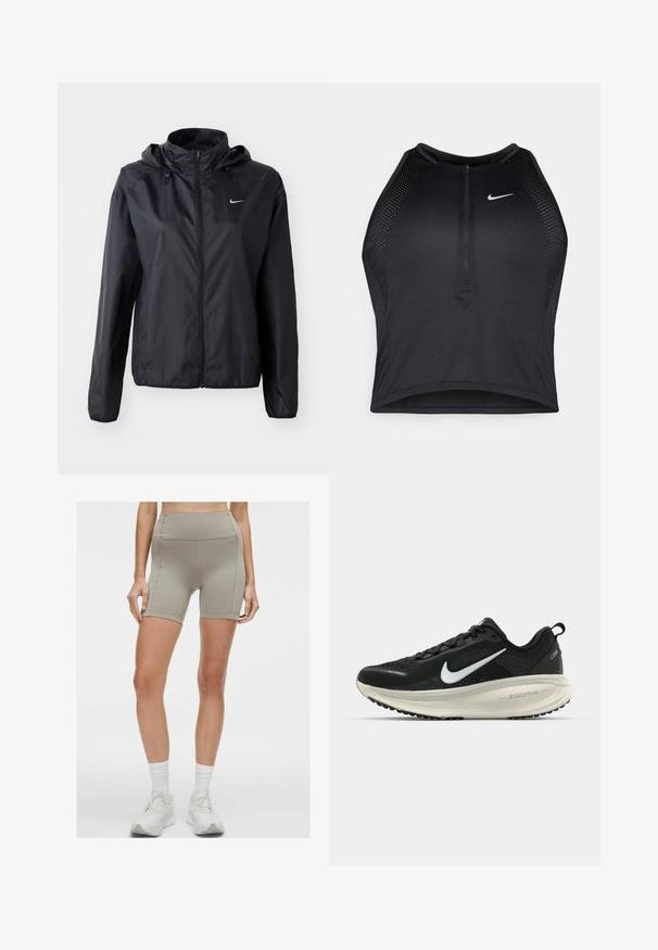 Nike zwarte lichtgewicht jacket met een capuchon. Gemaakt van gladde stof, met een ritssluiting aan de voorkant en een klein logo op de linkerkant van de borst.; Zwarte atletische crop top met een rits aan de voorkant, mesh accenten en een aansluitend ontwerp. Gemaakt van rekbare, ademende stof. Nike-logo aan de voorkant.; lululemon SWIFT SPEED HIGH-RISE 15CM - Korte hardlooplegging - warm ash grey; Zwarte Nike hardloopschoen met ademend mesh bovenwerk, witte swoosh-logo, gestructureerde details en een crèmekleurige ZoomX middenzool.