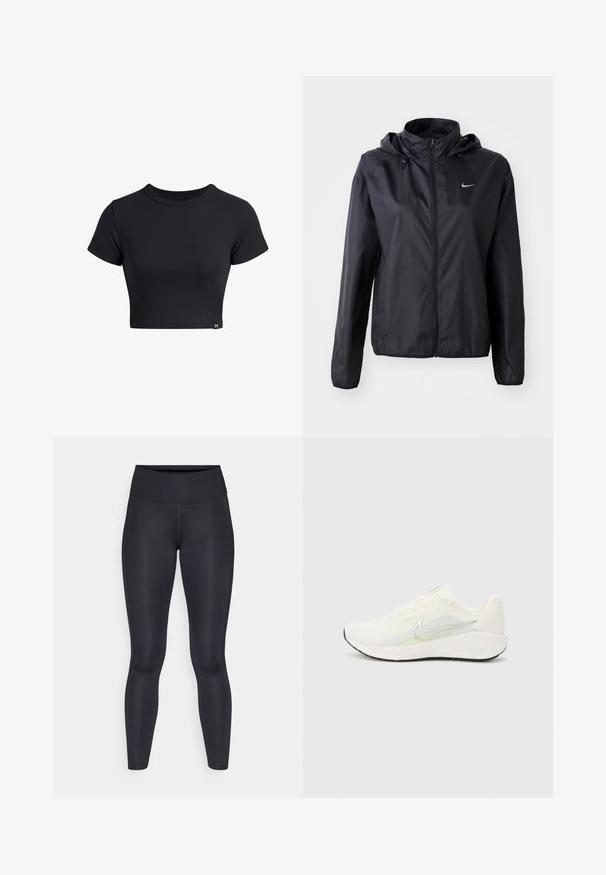 Chaqueta ligera negra de Nike con capucha. Hecha de una tela suave, presenta un cierre frontal y un pequeño logo en el lado izquierdo del pecho.; Top corto de manga corta negro acanalado con un escote redondo. Presenta un diseño ajustado y una pequeña etiqueta de logo en la parte inferior izquierda.; Leggings negros hechos de una tela suave y elástica. Cintura alta sin patrones ni acentos visibles. Se ajustan estrechamente desde la cintura hasta los tobillos.; Nike Performance DOWNSHIFTER 13 - Zapatillas running asfalto - sail/silver-coloured photon dust/summit white/barely volt/black