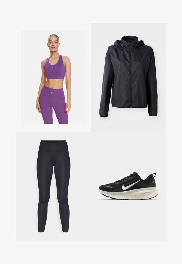 Jachetă ușoară, neagră, de la Nike, cu glugă. Fabricată dintr-un material neted, are fermoar frontal și un mic logo pe partea stângă a pieptului.; Sutien sportiv violet și colanți cu talie înaltă din material elastic, cu un mic logo pe piept și un design fără cusături pentru confort.; Leggings negre dintr-un material neted și elastic. Talie înaltă fără modele sau accente vizibile. Se potrivesc strâns de la talie până la glezne.; Pantofii de alergare negri de la Nike, cu parte superioară din plasă respirabilă, logo-ul alb Swoosh, detalii texturate și o talpă intermediară ZoomX de culoare crem.