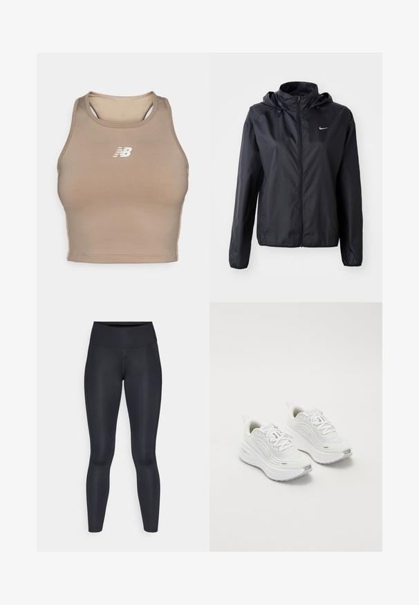 Nike svart lett jakke med hette. Laget av glatt stoff, med en frontglidelås og en liten logo på venstre bryst.; En tan sports-bh med en tettsittende design laget av glatt materiale. Har en hvit logo på forsiden og racerback-stil med utskjæringer.; Sorte leggings laget av glatt, elastisk materiale. Høy midje uten synlige mønstre eller detaljer. Sitter tett fra midjen til anklene.; Hvite joggesko med et teksturert mesh-overdel, polstret såle og subtile grå aksenter. Inkluderer merkevare og løkke på hælen for enkel påkledning.