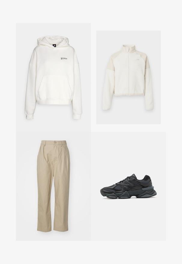 Jachetă din fleece croppată, de culoare albă cu accente bej deschis, fermoar complet, guler înalt și logo brodat pe piept. Textură moale.; New Balance LINEAR HERITAGE BRUSHED BACK - Hanorac - seasalt; Pantaloni bej din bumbac, cu un croi lejer, pliuri frontale, închidere cu un singur nasture și picioare drepte cu tivuri cusute.; Pantofari de alergare negri, cu un amestec de plasă și materiale sintetice, talpă masivă, design curbat și branding proeminent pe lateral.