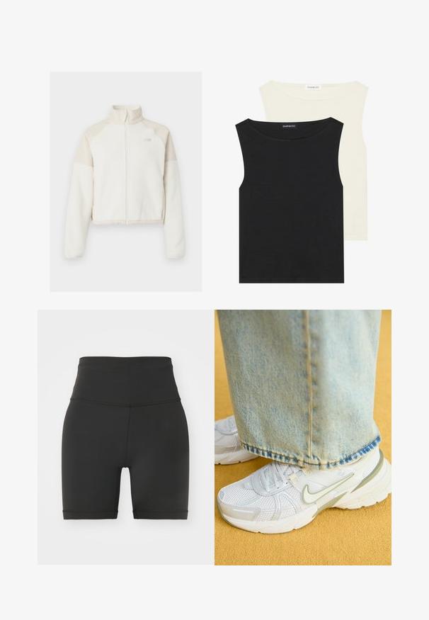 Kirptas polarinis džemperis off-white spalvos su šviesiai kreminiais akcentais, visiškai užtraukiama užtrauktuku, aukštu apykakle ir siuvinėtu logotipu ant krūtinės. Minkšta tekstūra.; Juodi ir kreminiai be rankovių marškiniai, pagaminti iš medvilnės, turintys apvalius iškirpimus ir lygų tekstūrą, sukrauti taip, kad etiketės būtų matomos.; Juodos aukštai įsispiriamos dviratininkų šortai, pagaminti iš tamprios medžiagos, turintys lygų paviršių, prigludusį siluetą ir apdailintus kraštus. Nėra matomų raštų ar akcentų.; Balti sportiniai sneakeriai su tinklelio viršumi, žaliais akcentais, tekstūruotu padu, derinami su šviesiai mėlynomis džinsinio audinio kelnėmis, kurios turi nusidėvėjusią kraštą.