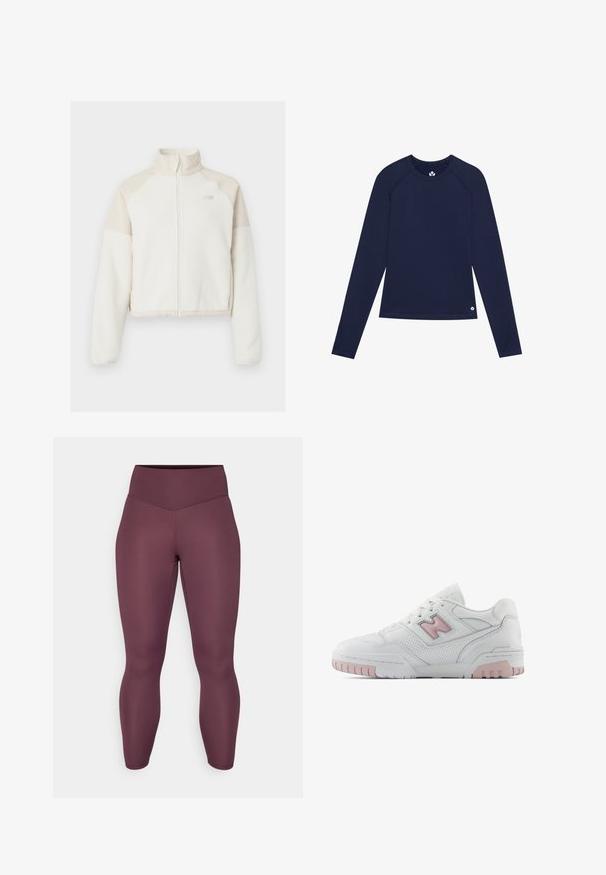 Gepolsterte Fleecejacke in Off-White mit hellbeigen Akzenten, durchgehendem Reißverschluss, hohem Kragen und gesticktem Logo auf der Brust. Weicher Griff.; Marineblaues Langarmshirt aus dehnbarem Material, mit rundem Halsausschnitt, Raglanärmeln und einem kleinen Logo nahe dem Saum.; Hoch taillierte, enganliegende Leggings in einem satten Burgunderrot. Hergestellt aus glattem, dehnbarem Stoff ohne sichtbare Muster oder Metallteile.; Weiße Sportschuh mit pinken Akzenten. Verfügt über glattes Leder, perforierte Abschnitte und eine dicke Gummisohle. Die Schnürsenkel sind im Standardstil.