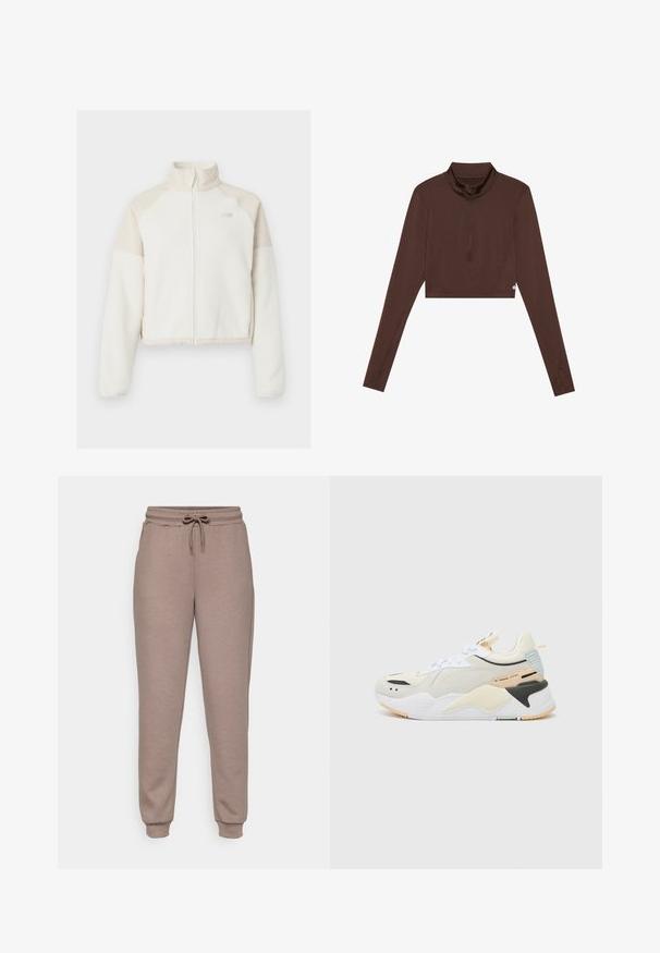 Lühendatud fliisijakk beežikasvalges värvitoonis kergete beežide aktsentidega, täispikk tõmblukk, kõrge krae ja tikandiga logo rinnal. Pehme tekstuur.; Pruun pikka varrukas cropped topp, millel on püsti kaelus ja veerandi tõmblukk. Sile tekstuur ja siledad õmblused, sobib aktiivseks kandmiseks.; ONLY Play ONPLOUNGE LIFE - Dresside alumine osa - brown; Valge spordijalats, millel on tekstuursete materjalide kombinatsioon. Omab heledaid kollaseid aktsente, musta detailingu ja helesinist kontsatuge.