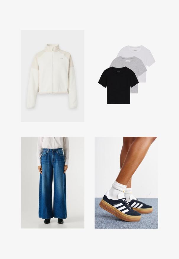 Kort fleecejacka i off-white med ljusbeiga detaljer, full dragkedja, hög krage och broderad logotyp på bröstet. Mjuk textur.; Set med tre kortärmade t-shirts i svart, grått och vitt. Tillverkade av bomull, med rund hals och en enkel, enfärgad design.; Blå vida jeans med hög midja, tillverkade av denim, med framfickor och knappstängning. Slät yta med en klassisk tvätt.; Svarta sneakers i mocka med vita ränder och detaljer, rundad tå, yttersula i gummiblandning, kombinerade med vita ribbade crew-strumpor.