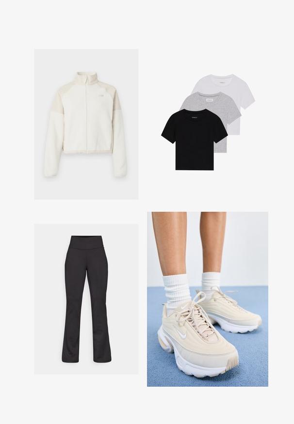 Kratka flis jakna v off-white barvi s svetlo bež akcenti, s celotnim zadrgo, visokim ovratnikom in vezenim logotipom na prsih. Mehka tekstura.; Komplet treh majic s kratkimi rokavi v črni, sivi in beli barvi. Izdelane iz bombaža, z okroglim izrezom in preprostim, enobarvnim dizajnom.; Črne široke joga hlače iz raztegljivega materiala. Visok pas, gladka tekstura in brez vidnih vzorcev ali detaljev strojne opreme.; Bež športni čevlji z teksturirano zgornjico, belimi vezalkami in debelim belim podplatom. Oblika vsebuje subtilne krivine in majhen logo.