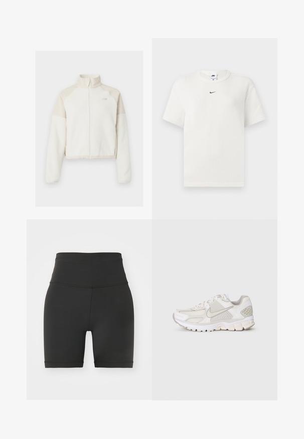 Skraćena flis jakna u off-white boji s svijetlosmešavim akcentima, puni zip, visoki ovratnik i izvezeni logotip na prsima. Mekana tekstura.; Bijela rebrasta majica s okruglim izrezom i kratkim rukavima. Sadrži mali crni Nike logo na prsima. Teksturirana tkanina s prilagođenim oblikom.; Crne visoke biciklističke kratke hlače izrađene od rastezljivog materijala, sa glatkom teksturom, prilagođenim dizajnom i obrubljenim rubovima. Nema vidljivih uzoraka ili akcenta.; Bijela atletska cipela od mrežastih i sintetičkih materijala. Ima teksturirani dizajn, podstavljeni ovratnik i geometrijske akcentne detalje na peti.