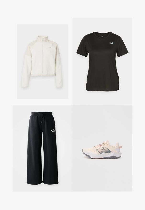 Kratka flis jakna v off-white barvi s svetlo bež akcenti, s celotnim zadrgo, visokim ovratnikom in vezenim logotipom na prsih. Mehka tekstura.; Črna kratka majica s kratkimi rokavi iz gladkega blaga, ki ima okrogel ovratnik in reflektivni bel logotip na levem prsnem delu.; Črne široke trenirke z vrvico v pasu. Imajo izvezen napis na levi strani in so izdelane iz mešanice mehkega bombaža.; Svetlo bež atletski športni copat z sivo podplatom, temno sivo "N" logo in maroon detajli, prikazan s leve strani na beli podlagi.