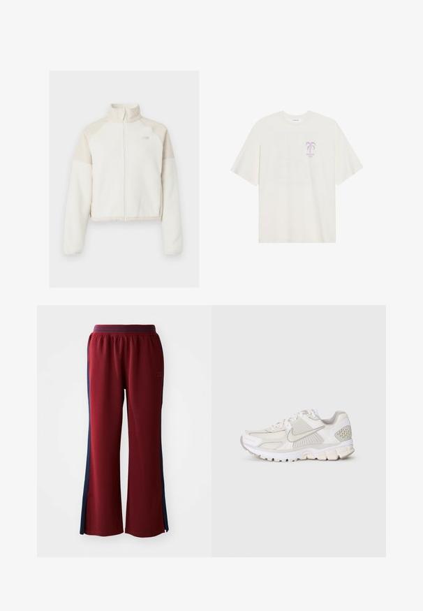 Κοντοκομμένος φλις ζακέτα σε εκρού χρώμα με ανοιχτό μπεζ λεπτομέρειες, πλήρης φερμουάρ, ψηλός γιακάς και κεντημένο λογότυπο στο στήθος. Μαλακή υφή.; Κρέμα μπλουζάκι φτιαγμένο από μαλακό ύφασμα με γραφικό μιας μωβ παλμιάς και κείμενο "SUNSHINE CLUB" μπροστά. Τετράγωνη εφαρμογή, κοντά μανίκια.; Κόκκινες φούτερ παντελόνες με φαρδιά γραμμή, διαθέτοντας ναυτικές μπλε πλευρικές ρίγες και σχέδιο φαρδιού ποδιού. Ελαστική μέση για άνεση.; Λευκό αθλητικό παπούτσι από διχτυωτό και συνθετικό υλικό. Διαθέτει υφή σχεδίου, μαλακή επένδυση στον τράχηλο και γεωμετρικά στοιχεία στην φτέρνα.