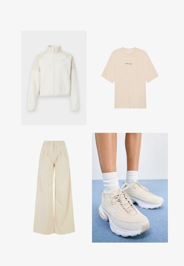 Izgriezta flīsa jaka off-white krāsā ar gaiši pelēkiem akcentiem, ar pilnu rāvējslēdzēju, augstu apkakli un izšūtu logo uz krūšu daļas. Mīksta tekstūra.; Bēša kokvilnas T-krekls ar brīvu piegriezumu, ar īsām piedurknēm un apaļu kakla izgriezumu. Priekšpusē melnā krāsā uzdrukāts teksts "Pozitīvi Sirsnīgi".; Bēša platā kāju bikses ar augstu jostasvietu, ar pogu aizdari un krokām. Gluda auduma ar maigu tekstūru.; Bežīgas sporta kurpes ar teksturētu virsu, baltām šņorēm un biezu baltu zoli. Dizainā ir smalkas līknes un neliels logo.