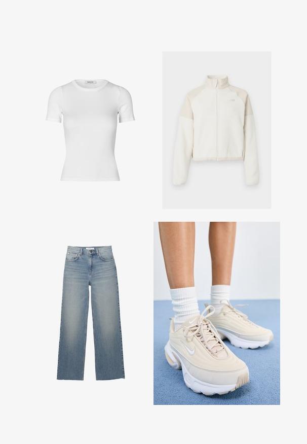 Jachetă din fleece croppată, de culoare albă cu accente bej deschis, fermoar complet, guler înalt și logo brodat pe piept. Textură moale.; Cămașă albă cu mânecă scurtă din bumbac ribbed. Design ajustat cu decolteu rotund și o textură netedă. Fără modele sau aplicații.; Jeans de blugi de culoare albastru deschis, cu picioare largi, realizate din denim, având talie înaltă, buzunare frontale și închidere cu nasture. Textură netedă cu zone estompate.; Pantofi sport bej cu un superior texturat, sireturi albe și o talpă groasă albă. Designul înfățișează curbe subtile și un logo mic.
