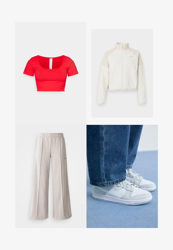 Jachetă din fleece croppată, de culoare albă cu accente bej deschis, fermoar complet, guler înalt și logo brodat pe piept. Textură moale.; Tricou scurt roșu cu mâneci scurte, având un decolteu rotund și un material neted, elastic. Design simplu, fără modele sau embellishments.; Pantaloni largi de culoare gri deschis, confecționați dintr-un material neted. Au o talie elastică și un logo Nike negru pe partea stângă.; Tenisi Nike din piele albă și gri deschis, cu vârful perforat, șireturi plate și talpă din cauciuc, asortați cu blugi din denim albastru.