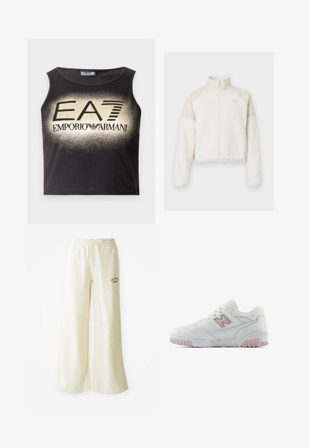 Lyhyt fleecetakki vaaleassa valkoisessa, jossa vaaleanbeigejä yksityiskohtia, täysipitkä vetoketju, korkea kaulus ja brodeerattu logo rinnassa. Pehmeä pinta.; Musta hihaton lyhyt toppi, joka on valmistettu sileästä puuvillasta ja jossa on keskellä näkyvästi kultainen liukuvärilogolla "EA7 EMPORIO ARMANI".; Kermavaaleat verkkarit leveällä lahkeella, joissa on elastinen vyötärö ja säädettävä nyöri. Edessä brodeerattu vihreä "Athletic" -teksti. Pehmeä kangas.; Valkoinen urheilukenkä, jossa on vaaleanpunaisia yksityiskohtia. Ominaisuuksiin kuuluu sileä nahka, rei'itetyt osat ja paksu kumipohja. Nyörit ovat tavallisessa tyylissä.