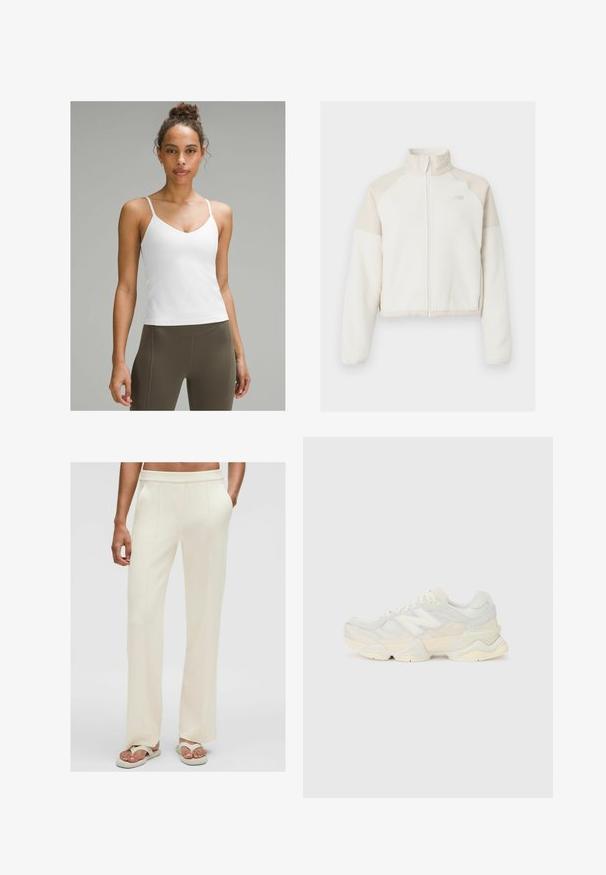 Rövidített, világos krémszínű gyapjúpulóver világos bézs részletekkel, teljes cipzárral, magas gallérral és hímezett logóval a mellen. Puha tapintású.; Fehér pántos top vékony pántokkal, V-nyakú dizájn, sima textúra, testhezálló sziluett, magas derekú olívazöld leggingszel párosítva.; Tej színű, bő szárú nadrág sima textúrával, oldalzsebekkel és függőleges varrással a struktúra érdekében, világos flip-flop papucsokkal párosítva.; Könnyű sportcipő, amely hálós és velúr felsőrésszel rendelkezik, lágy krémszínű árnyalatokban, vastag talppal és háromdimenziós díszítésekkel.