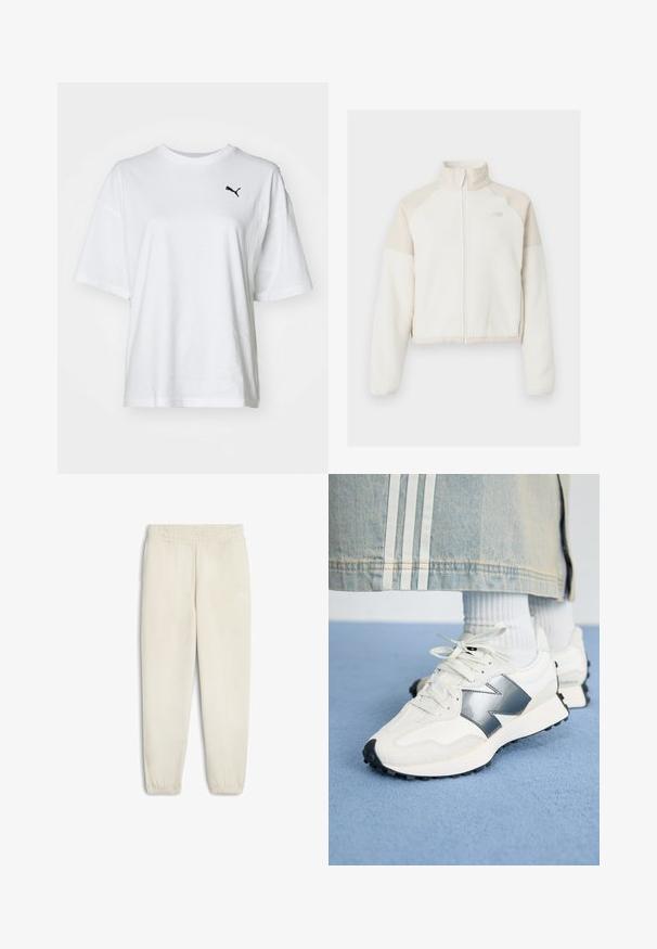 Lyhyt fleecetakki vaaleassa valkoisessa, jossa vaaleanbeigejä yksityiskohtia, täysipitkä vetoketju, korkea kaulus ja brodeerattu logo rinnassa. Pehmeä pinta.; Valkoinen puuvillapaita, jossa on pyöreä kaula-aukko, lyhyet hihat ja musta Puma-logo vasemmassa rinta-alueessa.; Hale vaaleanbeige collegehousut, jotka on valmistettu pehmeästä kankaasta. Niissä on joustava vyötärö, resorit nilkoissa ja pieni valkoinen logo sivussa.; Valkoiset urheilukengät hopea-akcentilla, teksturoitua kangasta ja sileää nahkaa; mustalla kumipohjalla ja nauhoilla varustettuna.