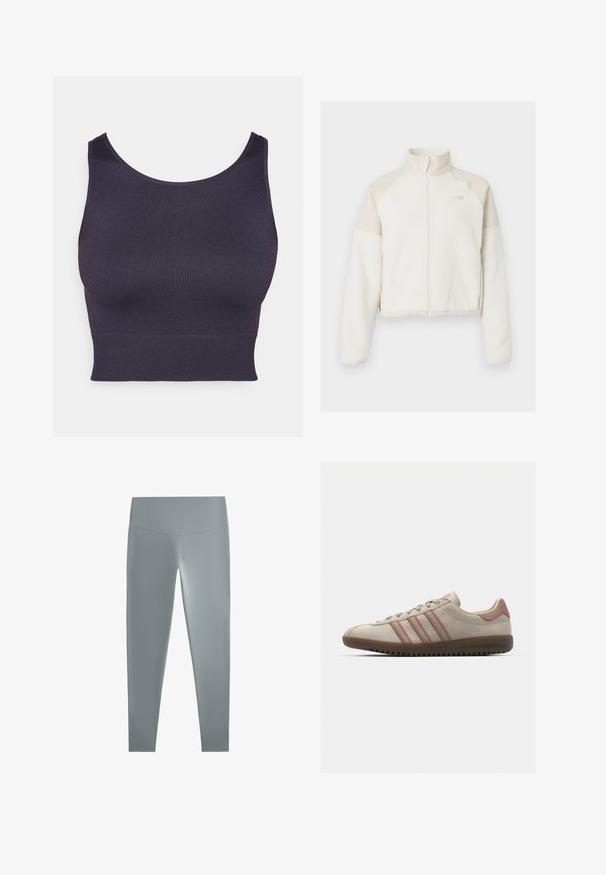 Rövidített, világos krémszínű gyapjúpulóver világos bézs részletekkel, teljes cipzárral, magas gallérral és hímezett logóval a mellen. Puha tapintású.; Sötétlila sportrózsa bordázott anyagból, kerek nyakkivágással és testhezálló, crop fazonnal. Simaszerű textúra, látható hardver nélkül.; Szürke leggings sima, rugalmas anyagból, magas derékkal és illeszkedő szabással, a kényelem és a mozgás könnyedsége érdekében tervezve.; Beige velúr sneaker rózsaszín részletekkel, három átfedő csíkkal, textúrázott orr résszel és bordázott gumitalppal.