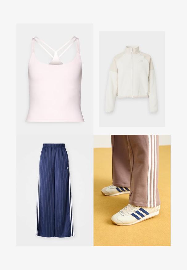 Veste en polaire coupée en blanc cassé avec des accents beige clair, fermeture éclair intégrale, col montant et logo brodé sur la poitrine. Texture douce.; Fabletics PRINCIPAL BUILT IN BRA TANK - Débardeur - sugar pink; Pantalons larges bleu marine avec des rayures blanches verticales, taille élastique et trois rayures blanches de chaque côté, fabriqués dans un matériau léger.; Baskets crème avec des bandes en suede bleu, des lacets blancs et une semelle en caoutchouc. Associées à un pantalon de survêtement gris avec des bandes latérales blanches.