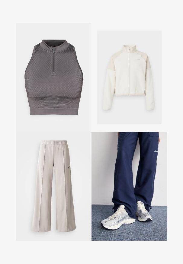 Rövidített, világos krémszínű gyapjúpulóver világos bézs részletekkel, teljes cipzárral, magas gallérral és hímezett logóval a mellen. Puha tapintású.; Szürke sportos crop top, cipzáras nyakkal, texturált mintázattal, testhezálló fazonnal, sima befejezéssel az alján és a karlyukaknál.; Világosszürke, bő szabású nadrág sima anyagból. Gumírozott derékrésszel és fekete Nike logóval a bal oldalon.; Nike sportcipők ezüst hálós felsőrésszel, fehér kiegészítőkkel és texturált talppal, lazán illeszkedő sötétkék nadrággal párosítva.