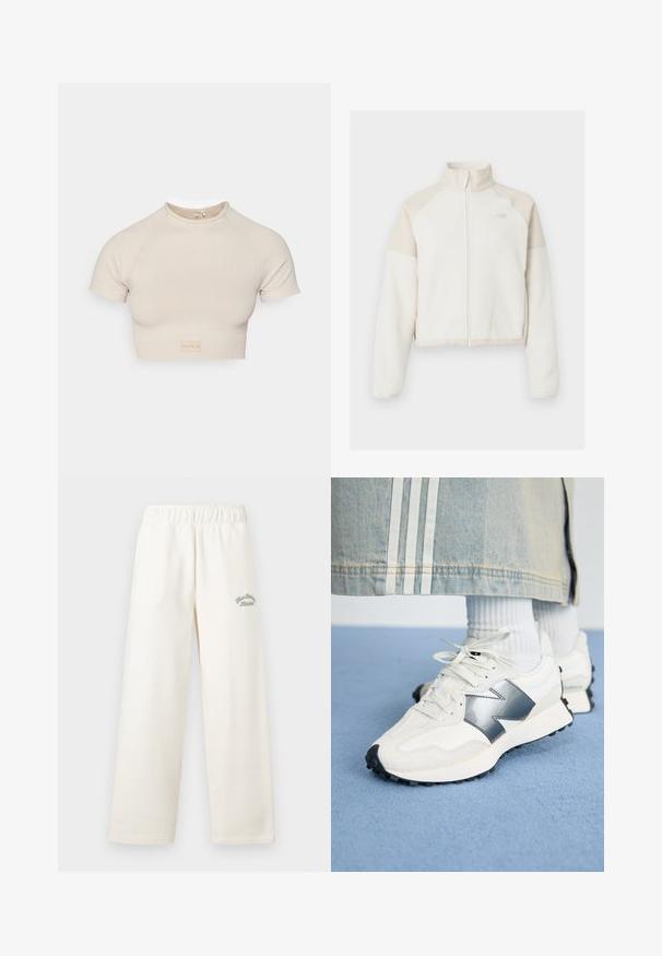 Kratka flis jakna v off-white barvi s svetlo bež akcenti, s celotnim zadrgo, visokim ovratnikom in vezenim logotipom na prsih. Mehka tekstura.; Bež pleteni kratki top s kratkimi rokavi in okroglim izrezom, ki ima majhno oznako logotipa na robu. Gladka tekstura, prilegajoča zasnova.; Kremne široke hlače izdelane iz mehkih materialov z elastičnim pasom. Na sprednji strani se nahajajo subtilni zeleni vezeni napisi.; Bele športne superge z srebrnim akcentom, teksturirano blago in gladko usnje; z črnim gumijastim podplatom in vezalkami.