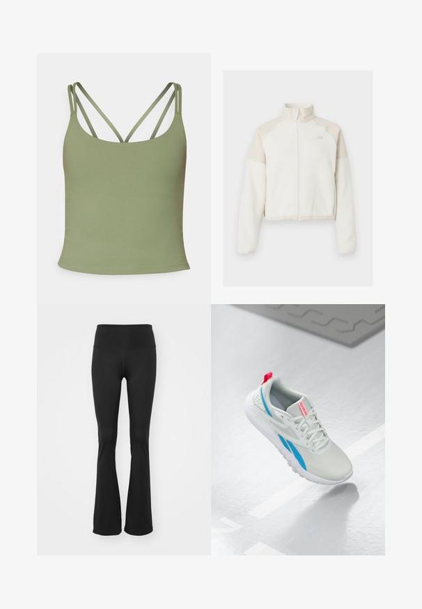 Litt overkappet fleecejakke i off-white med lysebeige detaljer, hel glidelås, høy krage, og brodert logo på brystet. Myk tekstur.; Oliven grøn tanktop med en tætsiddende pasform, der har tynde justerbare stropper og en glat, strækbar tekstur. Minimalistisk stil uden mønstre.; Svarte bukser med vidde laget av elastisk, glatt stoff med høy midje. Sømløs design uten synlige detaljer eller mønstre.; Hvit og blå Reebok-sneaker med rød løkke svevende over et skinnende gulv med en grå gummimatte i nærheten.